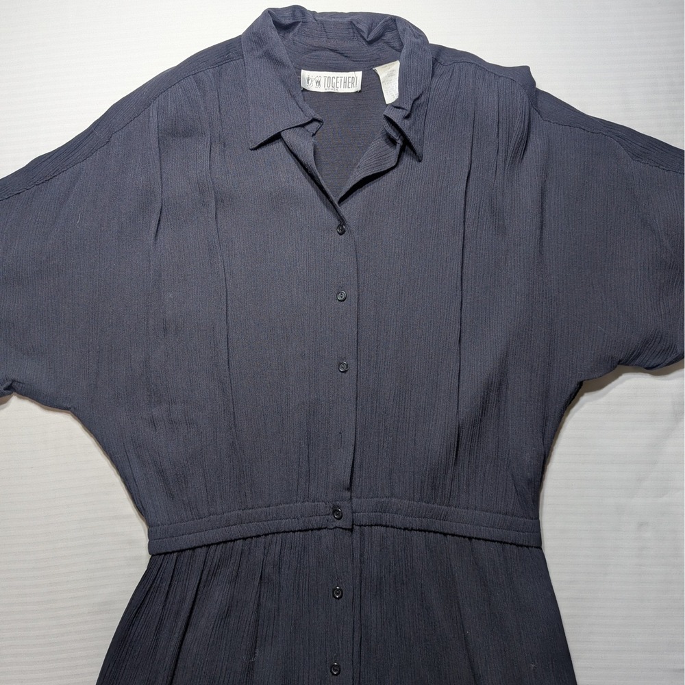 Together Vintage Women Crinkle Crepe Dress‎ Rayon 14 Black Midi Shirt Dress
